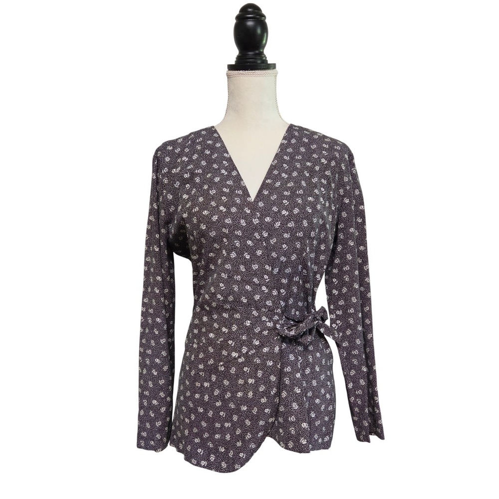 Vintage 90s Black Floral Polka Dot Wrap Shirt Size 5/6 Whimsigoth Dark Romantic